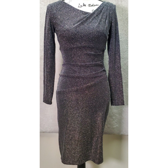 Xscape Bodycon Dress Womens Size 4 Silver Glitter Asymmetrical Neck Back Zip EUC - Picture 1 of 9
